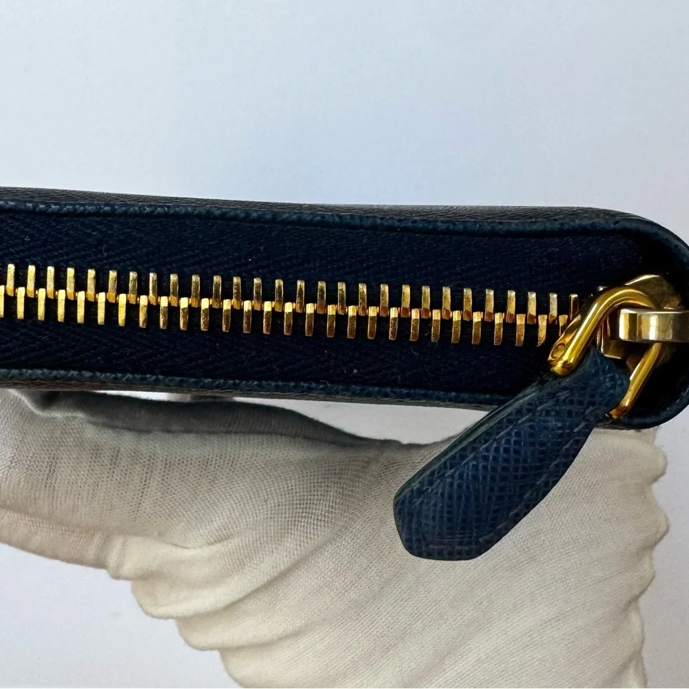 Excellent Blue Prada Zip-Around Wallet with Gold Accents - Picture 3 of 9